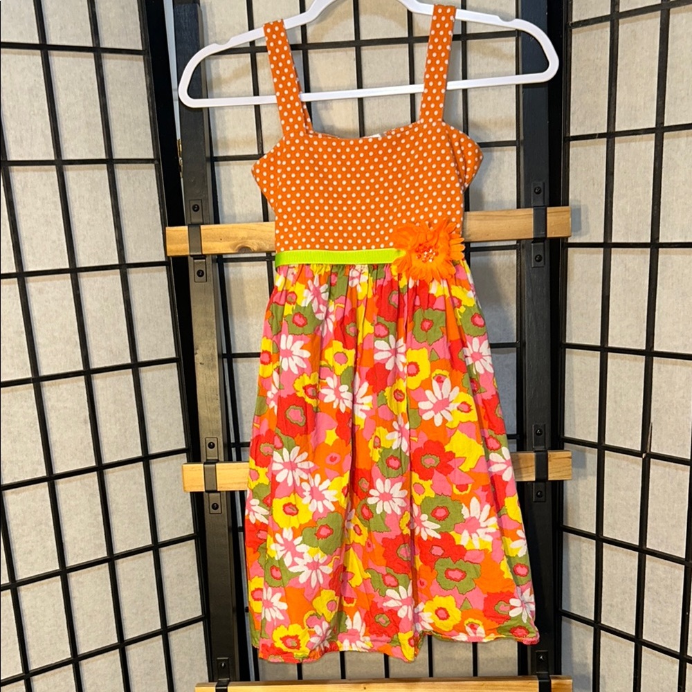 🦋Dollie & Me Orange Polka Dots and Flowers Sleeveless Sundress 5/25$